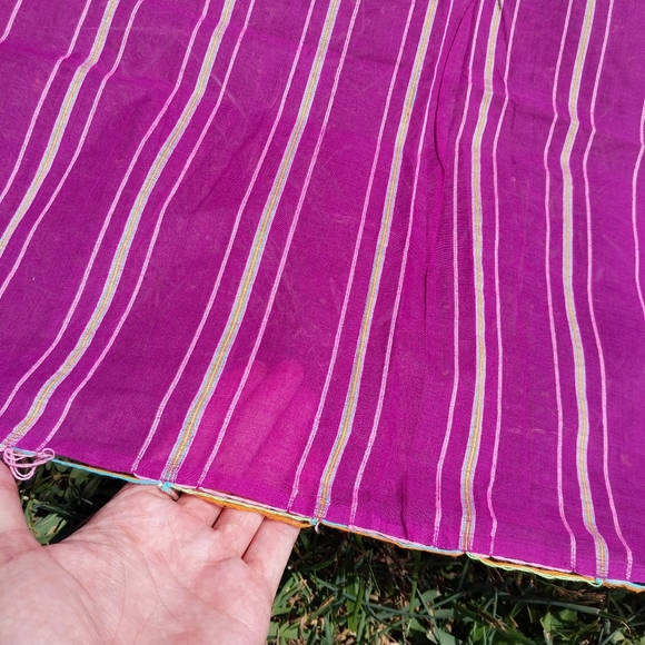 Vintage Hand Woven Fuchsia Striped Cotton Fabric Loomed 1 Yard + Remnant Sheer - Picture 4 of 5